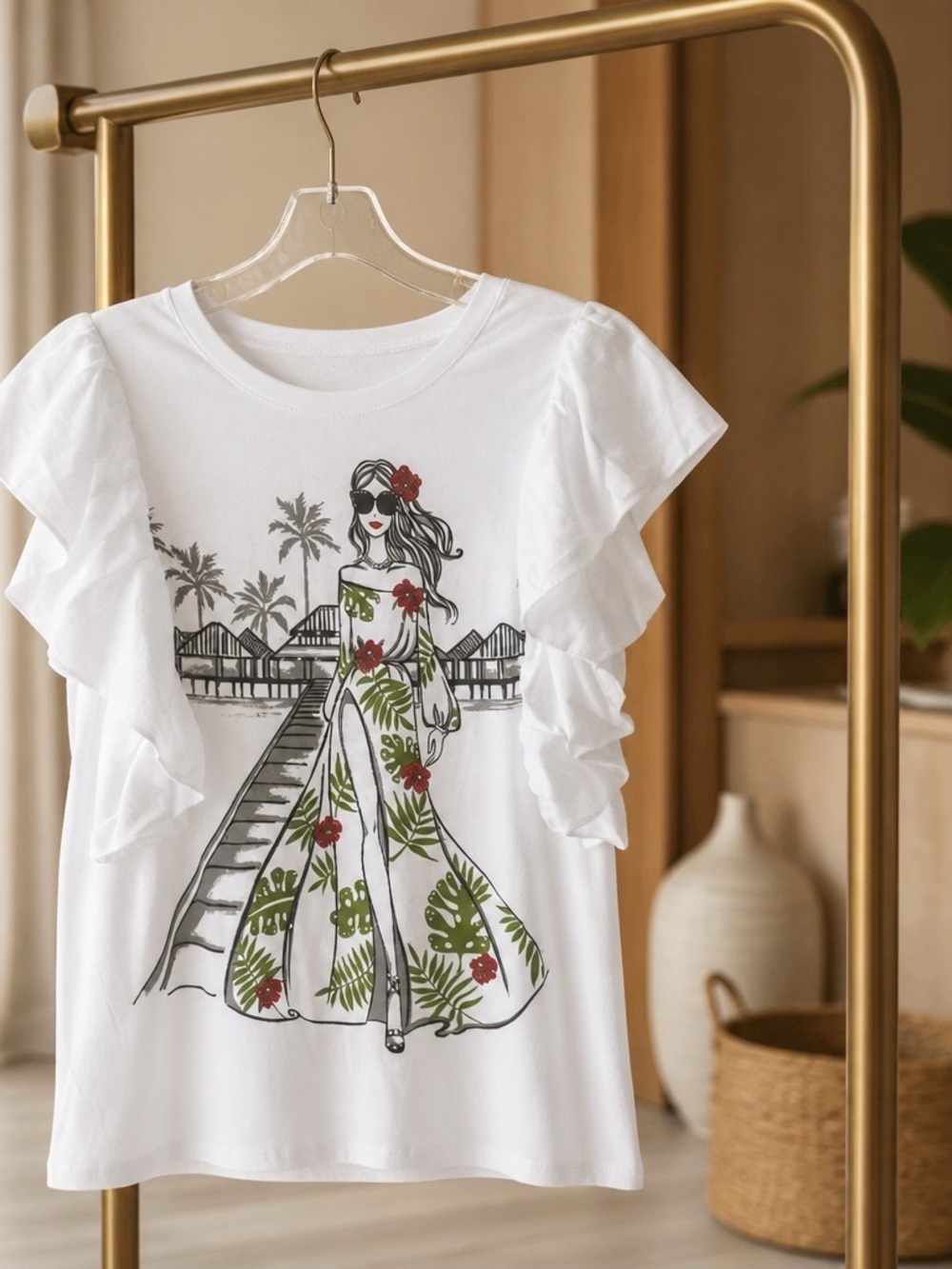 LOVE + LACE Tropical Graphic Ruffle Sleeve T-shirt  Womens small  Hawaiian